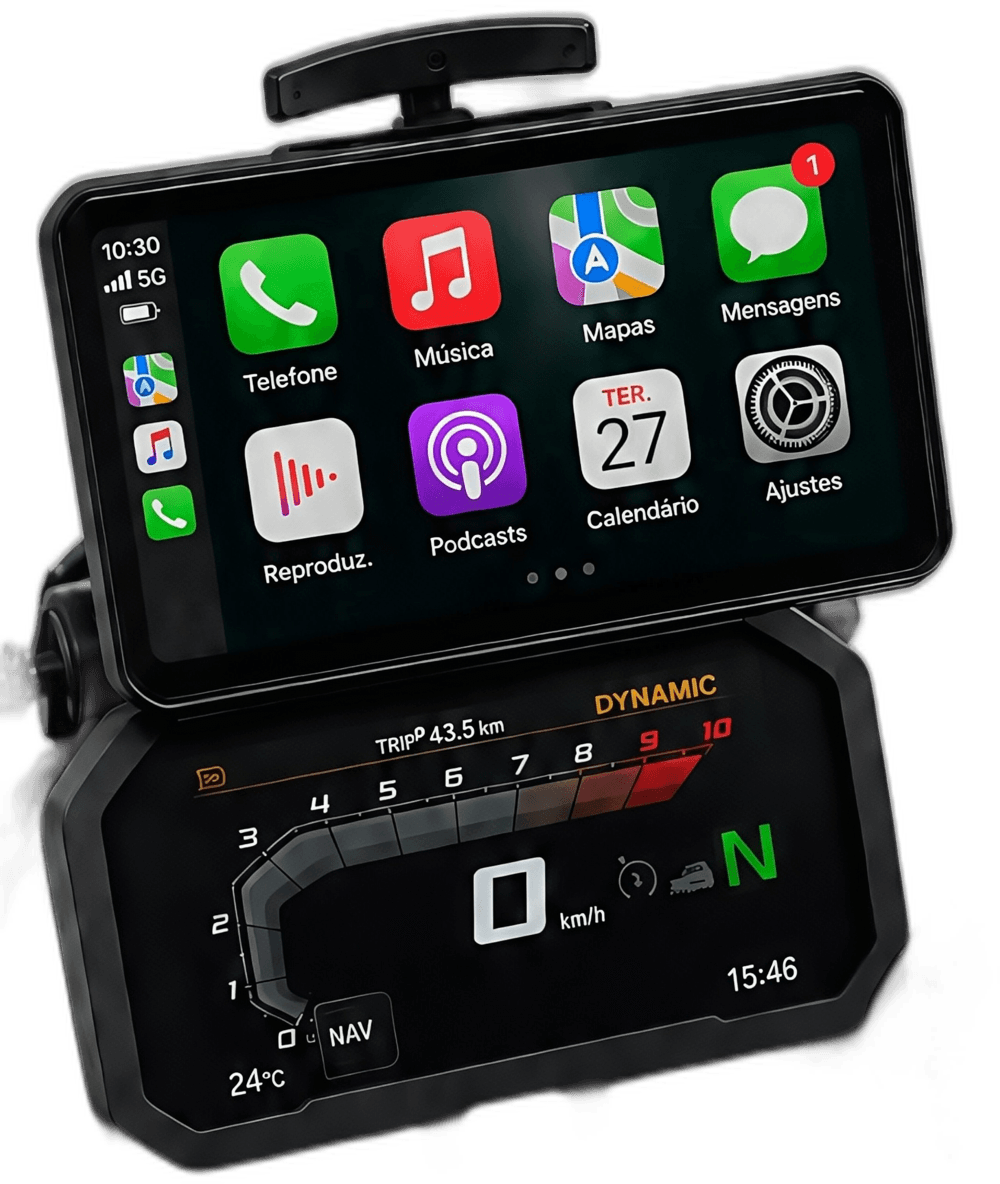 Central Navemoto montada no guidão da moto, rodando CarPlay